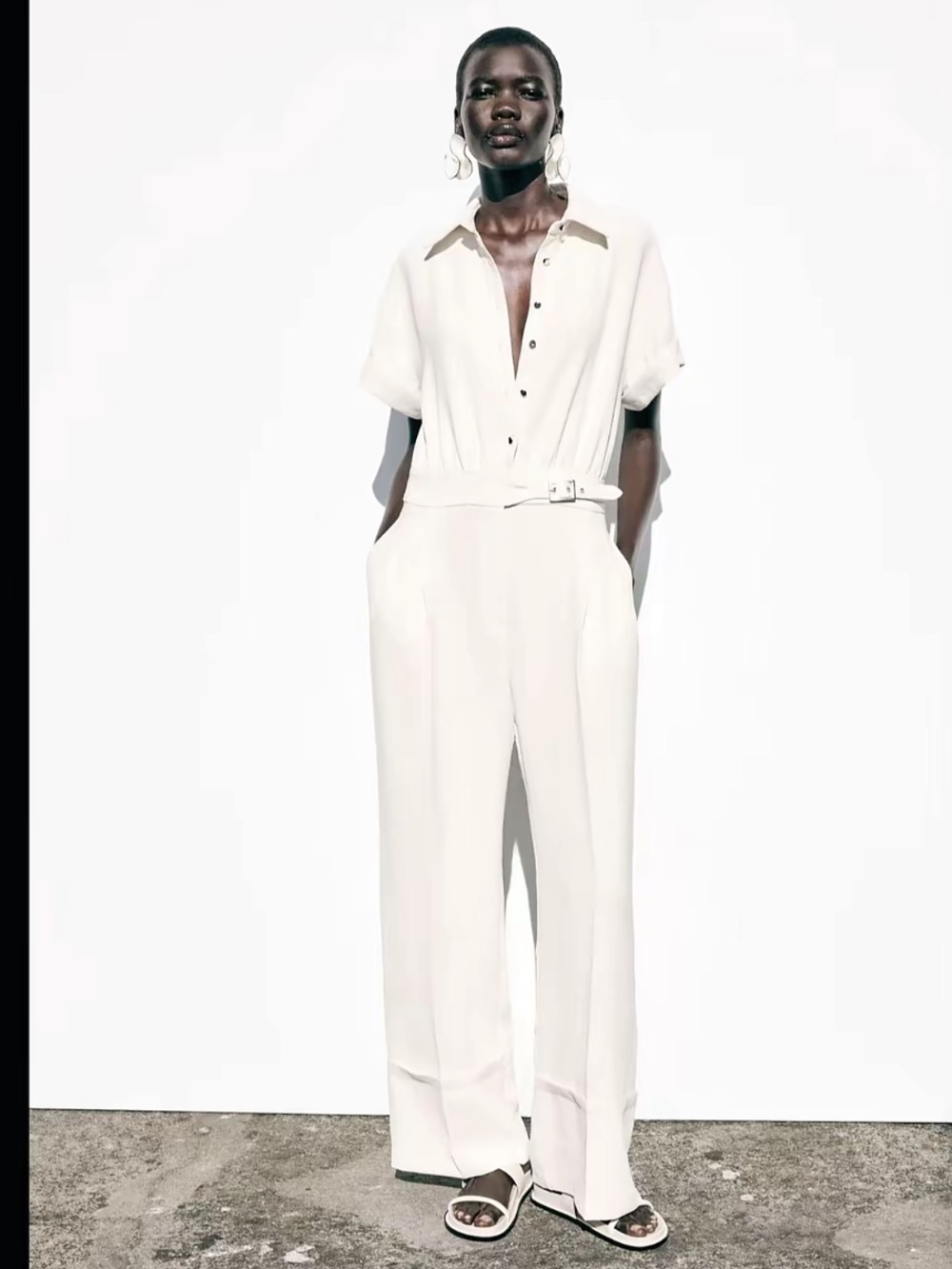 Zara Cream Short-Sleeve Belted Jumpsuit